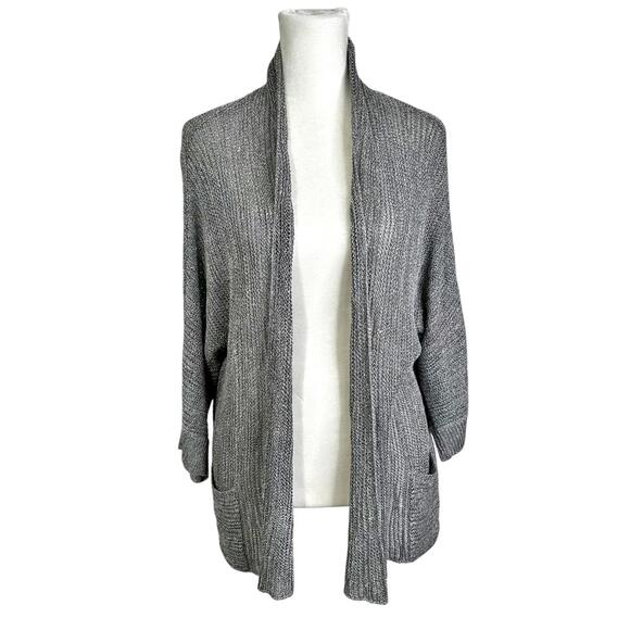 Eileen Fisher 3/4 Sleeve Silk Blend Open Cardigan Sweater Silver Women’s L - Picture 2 of 7